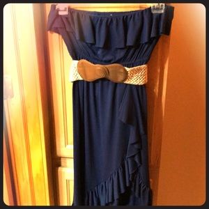 Navy Strapless Belted Dress